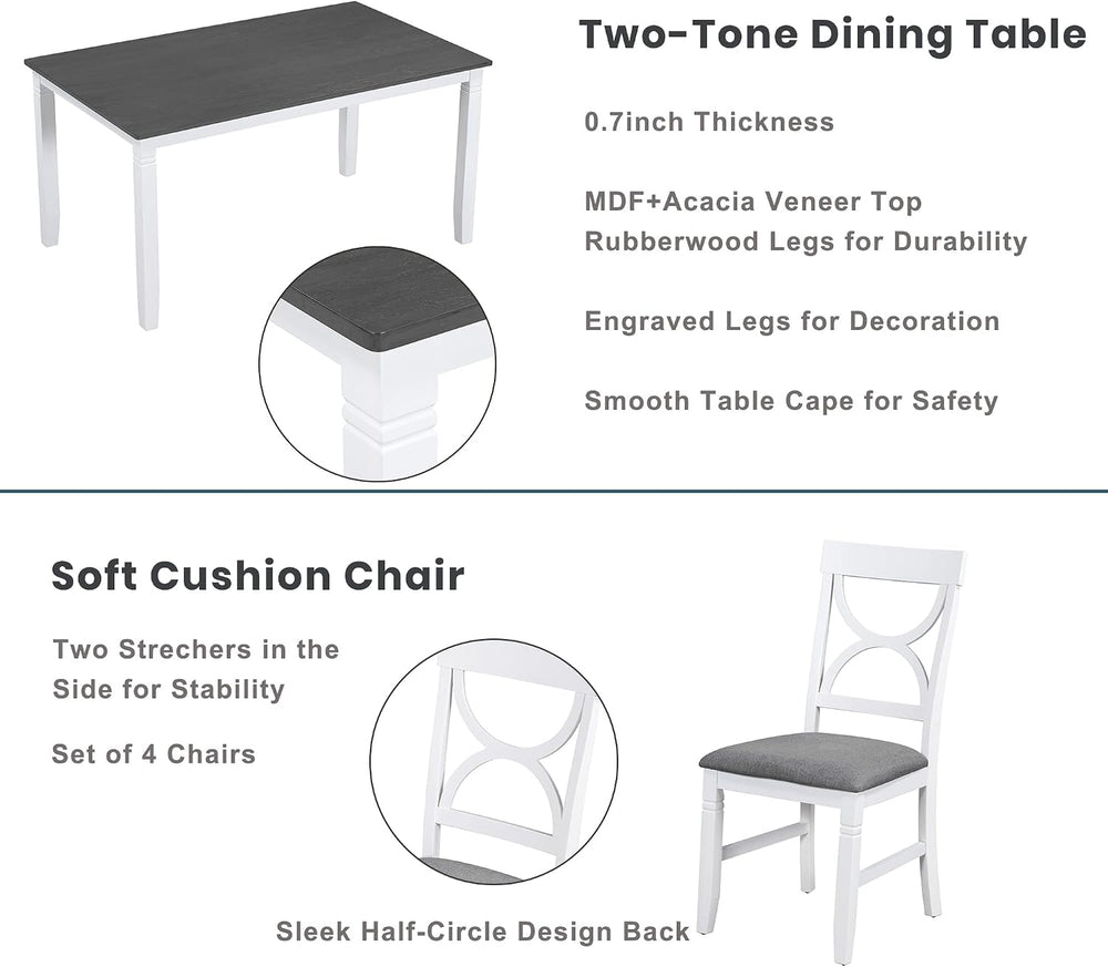 LUMISOL 6 Piece Farmhouse Dining Table Set with Bench for 6, White+Gray