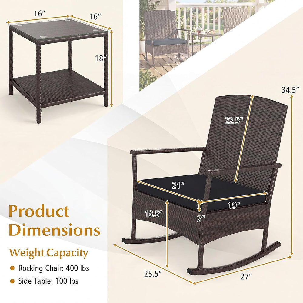 Tangkula 3-Piece Outdoor Bistro Set Wicker Rocking Chairs (Black)
