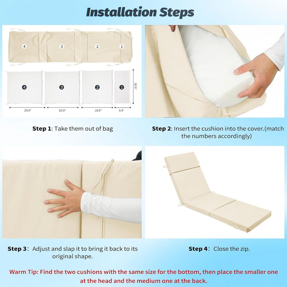 2 Pack Beige Outdoor Chaise Lounge Cushions, 72x21x3 in
