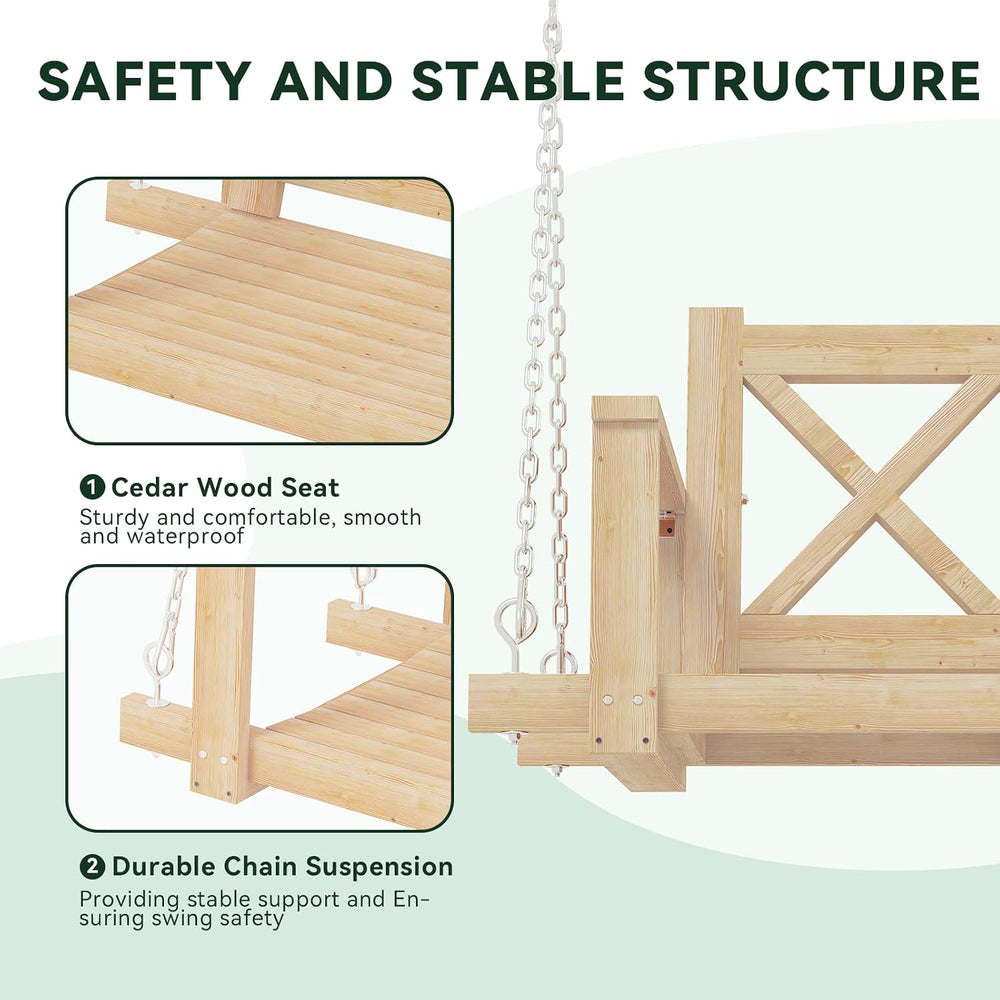 Aoxun Cedar Wood Pergola Porch Swing with 3-Seat Hanging Bench, Natural
