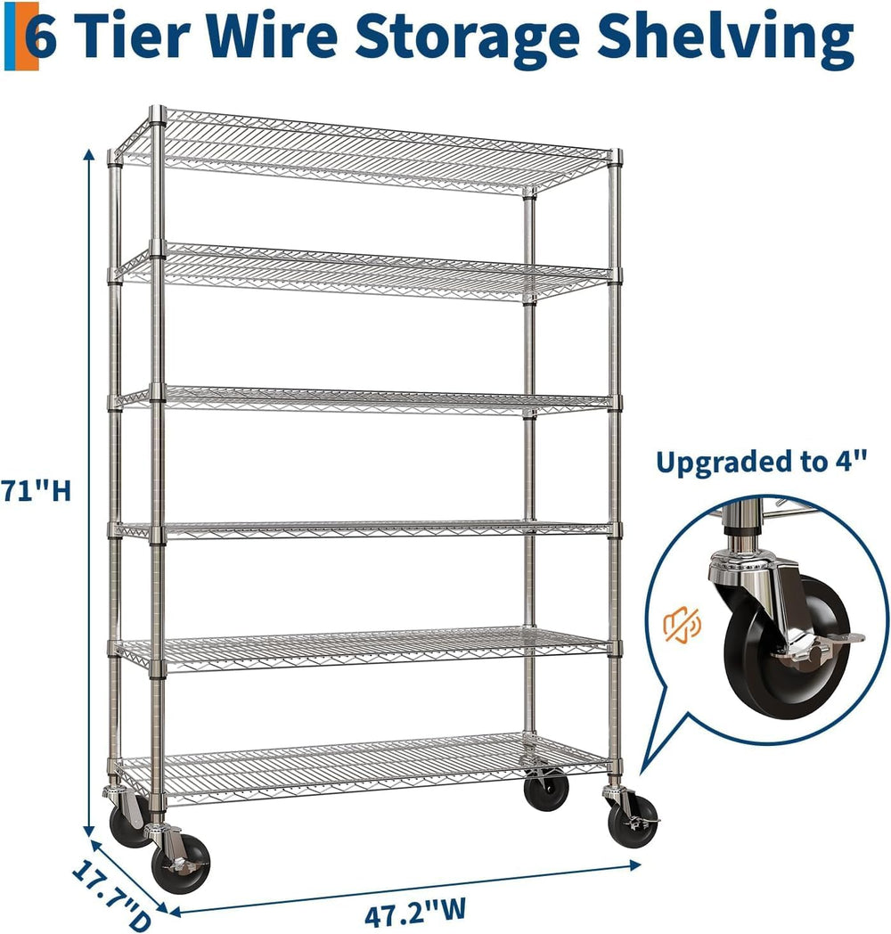 Garvee 6-Tier NSF Metal Wire Shelving with Wheels,47" Wx18 Dx71 H, 2640LBS