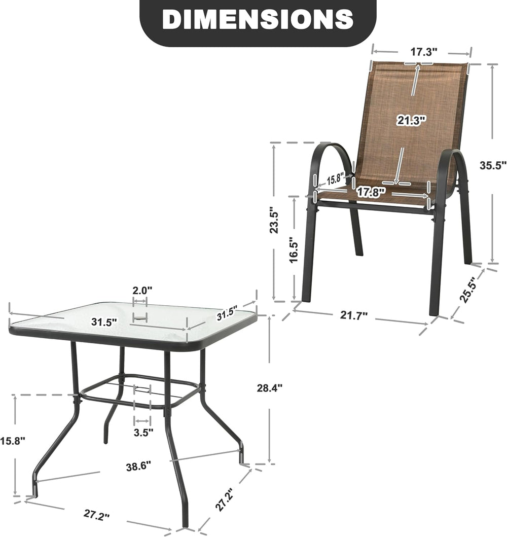 NUU GARDEN 5 Piece Outdoor Patio Dining Set, 32 Inch Square Tempered Glass Ta...