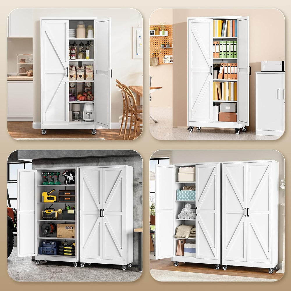 Yizosh 75" White Metal Pantry Cabinets,Garage Storage Cabinet with Wheels