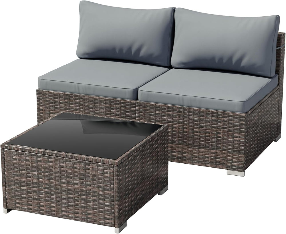 3 Piece Patio Furniture Set, Outdoor Wicker Patio Sofa Set, PE Rattan Section...