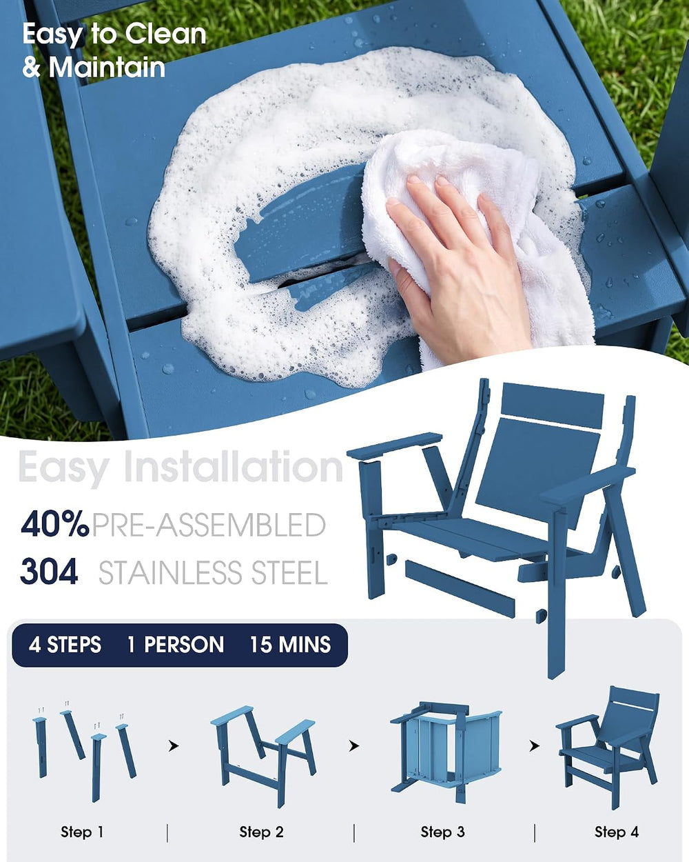 KINGYES Modern Adirondack Chair Set of 2, Slateless Design, Navy