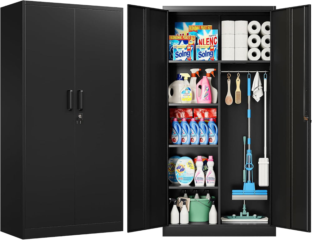 Wide & Deep Metal Storage Cabinet with Hanging Rod,Black Broom Closet Sto...