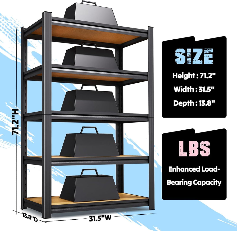 71.2"H Garage Shelving, 5-Tier Heavy Duty Metal Storage Shelves