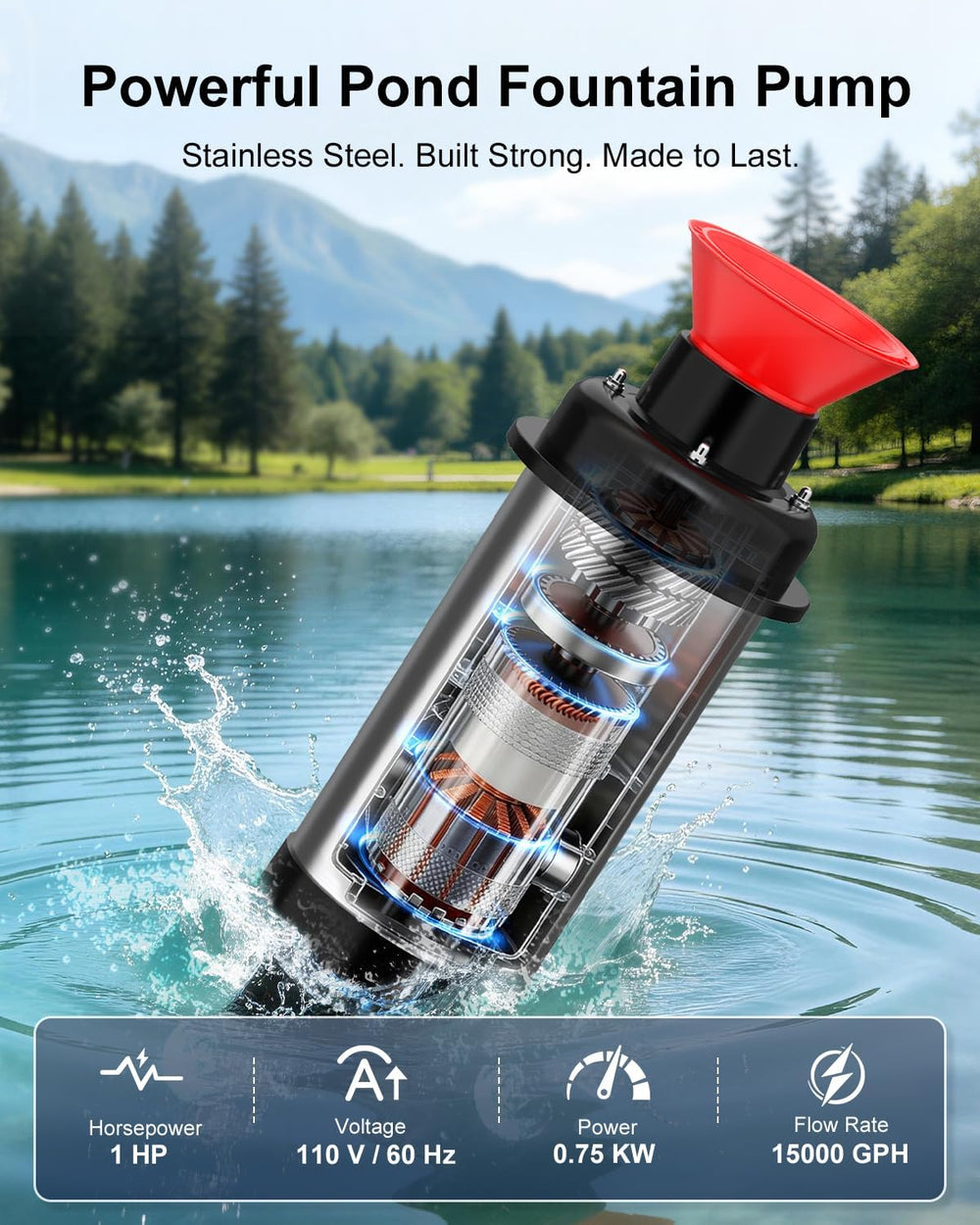 SYY Pond Fountain Aerator, 1HP 15000 GPH 110V Stainless Steel Floating Founta...