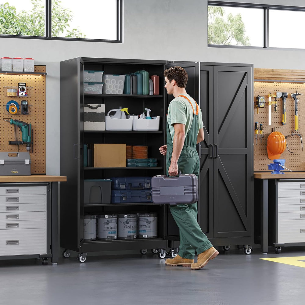 Letaya 75" Metal Garage Storage Cabinet with Wheels,Black Kitchen Pantry