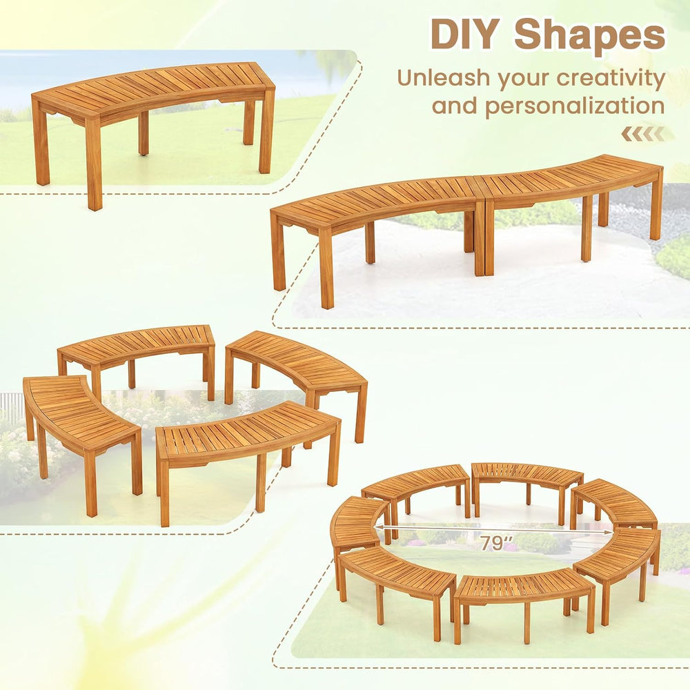 RELAX4LIFE Wooden Outdoor Curved Bench - Acacia Wood Garden Bench w/Slatted S...