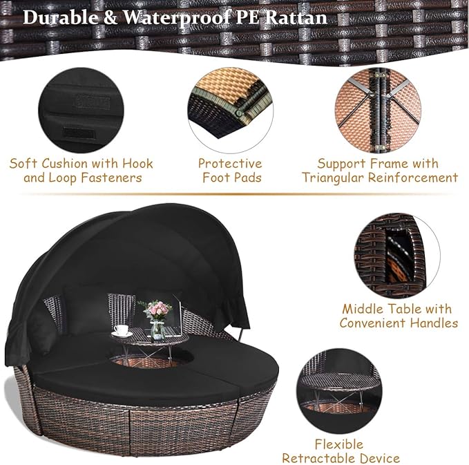 Tangkula Patio Round Daybed with Retractable Canopy, Outdoor Wicker Rattan Fu...