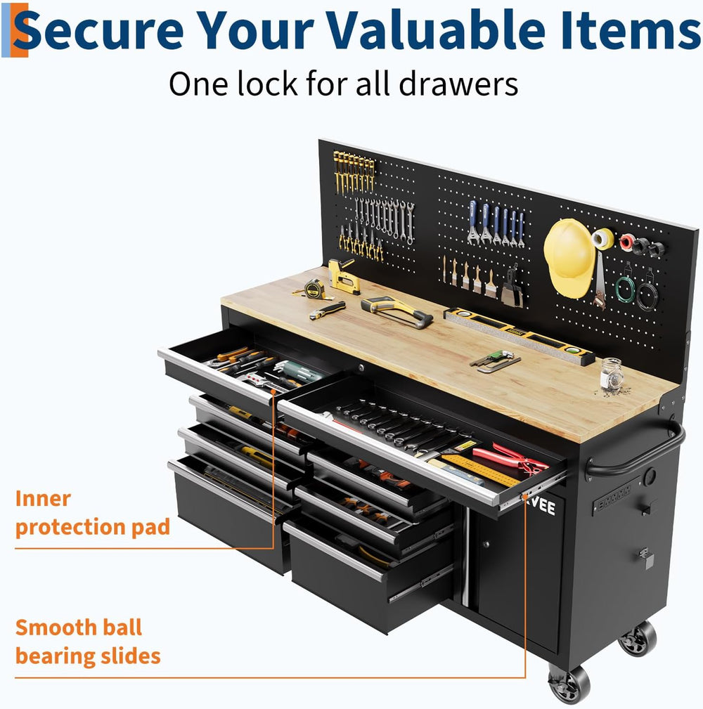 60 Inch Rolling Tool Chest Workbench, 10 Drawer Tool Box with Pegboard & ...