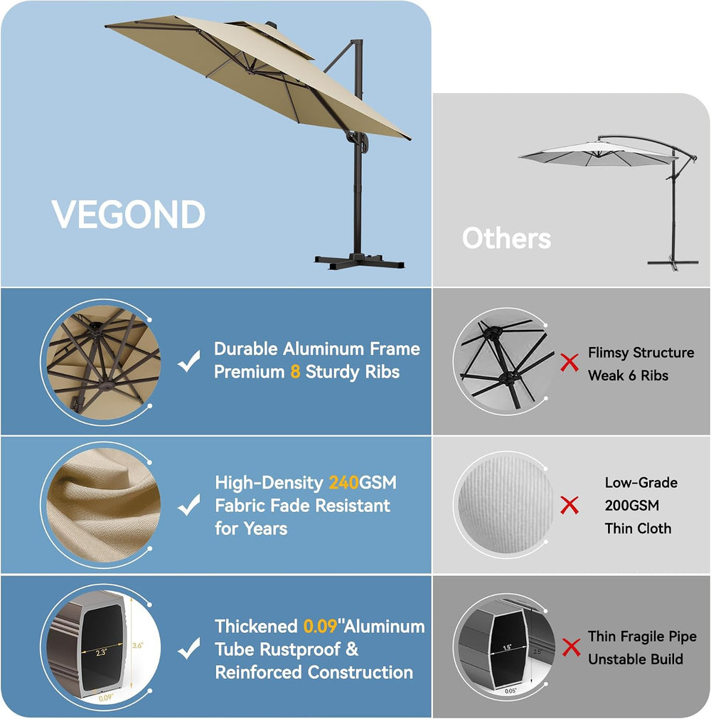 VEGOND 9x12 FT Cantilever Patio Outdoor Umbrella with Base Included