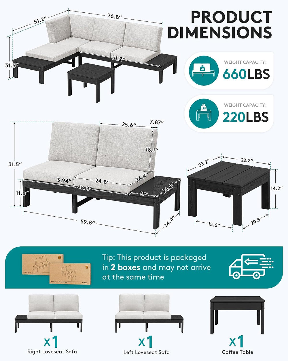 SERWALL HDPE Outdoor Furniture Set, 4 Seats Outdoor Sectional with Coffee Tab...