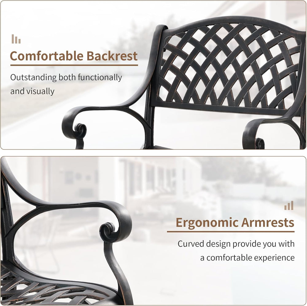 Outdoor Cast Aluminum Chairs Set of 2, Patio Dining Chair with Armrest, All-W...