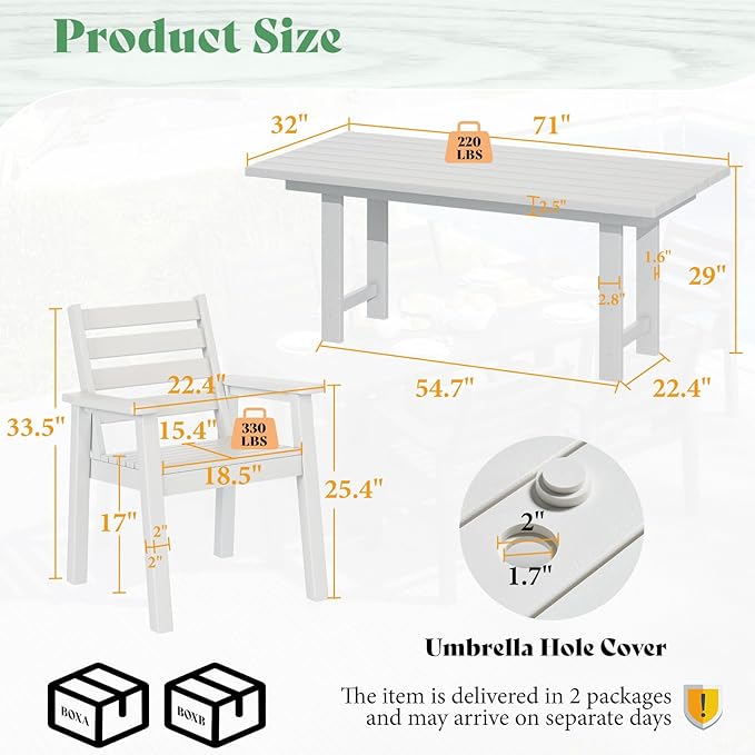 AMERLIFE 7-Piece HDPE Outdoor Dining Set with Umbrella Hole, 71" L Patio...