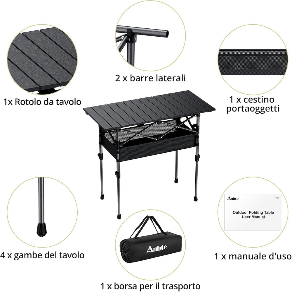 Anbte 3ft Aluminum Roll Top Folding Camping Table, Portable, 32”X16”, Black