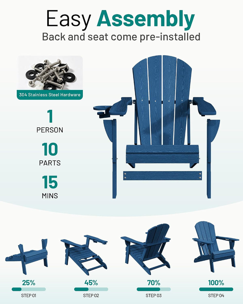 PLUUV Folding Adirondack Fire Pit Chairs Set of 2 with Cup Holders,Navy