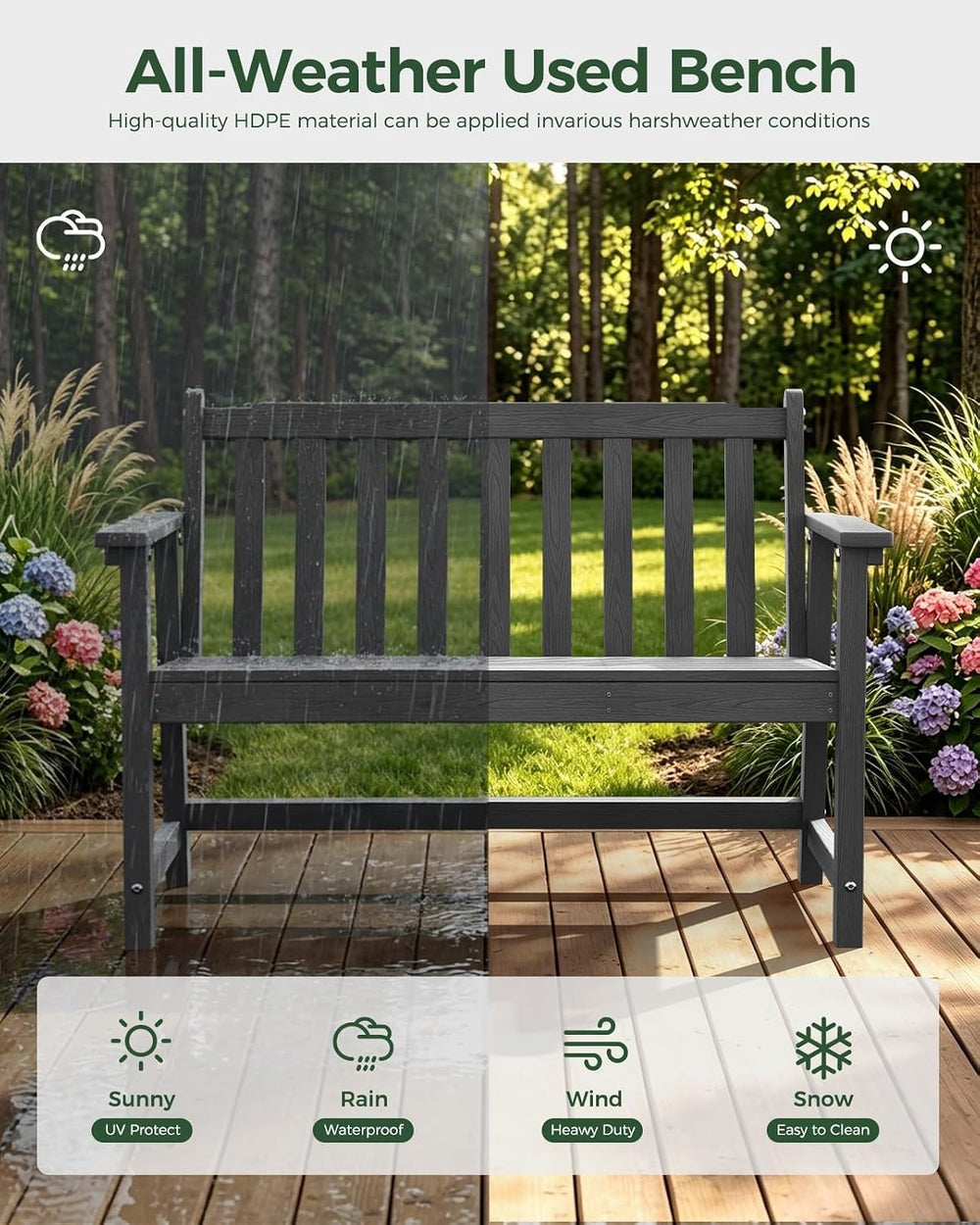 48" HDPE Weatherproof Outdoor Bench, Garden Porch Benches, Grey