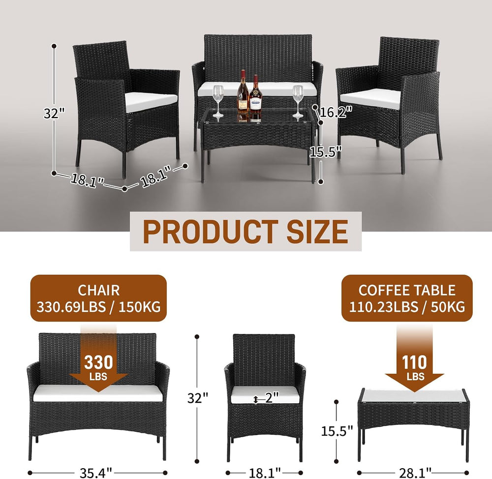 Outvita 4 Pieces Patio Furniture Set, Rattan Conversation Sets, Black