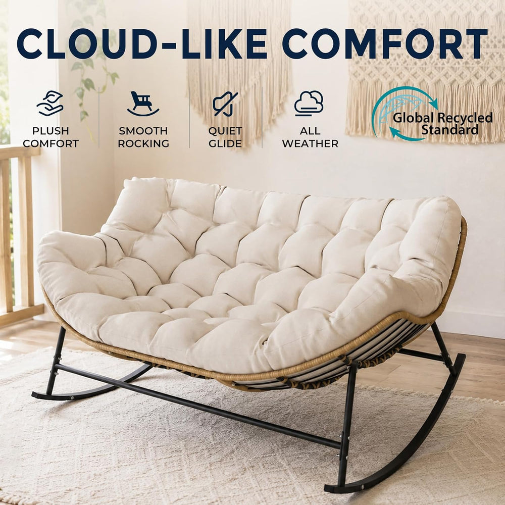 SWITTE Double Outdoor Papasan Rocking Chair with Thick Cushion, Khaki