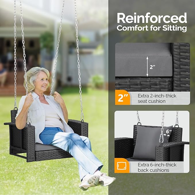 VINGLI 2.2 FT 1-Person Use Rattan Porch Swing Outdoor Support 440 LBS with Cu...