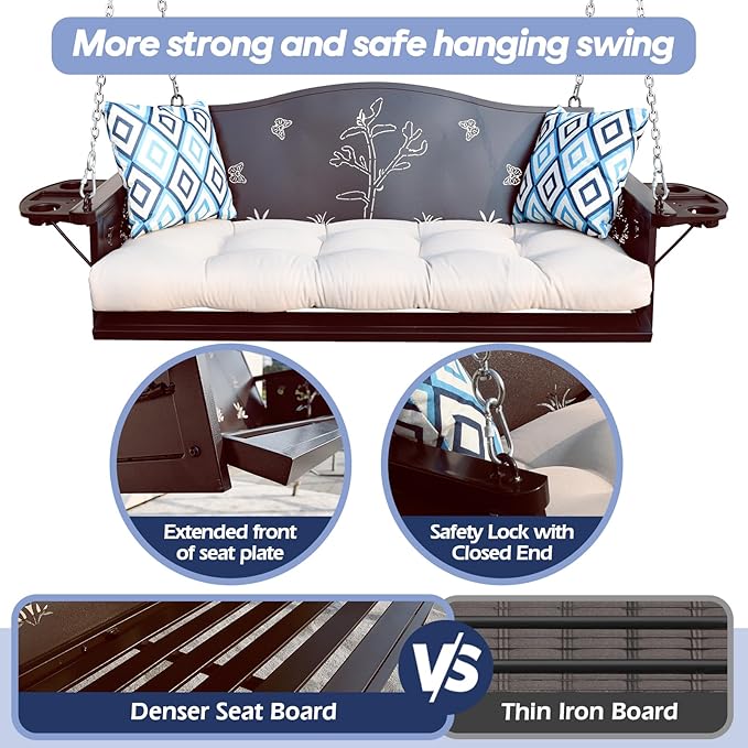 3-Seat Metal Porch Swing 900 LBS Heavy Duty Hanging Bench with Upgraded Tray ...