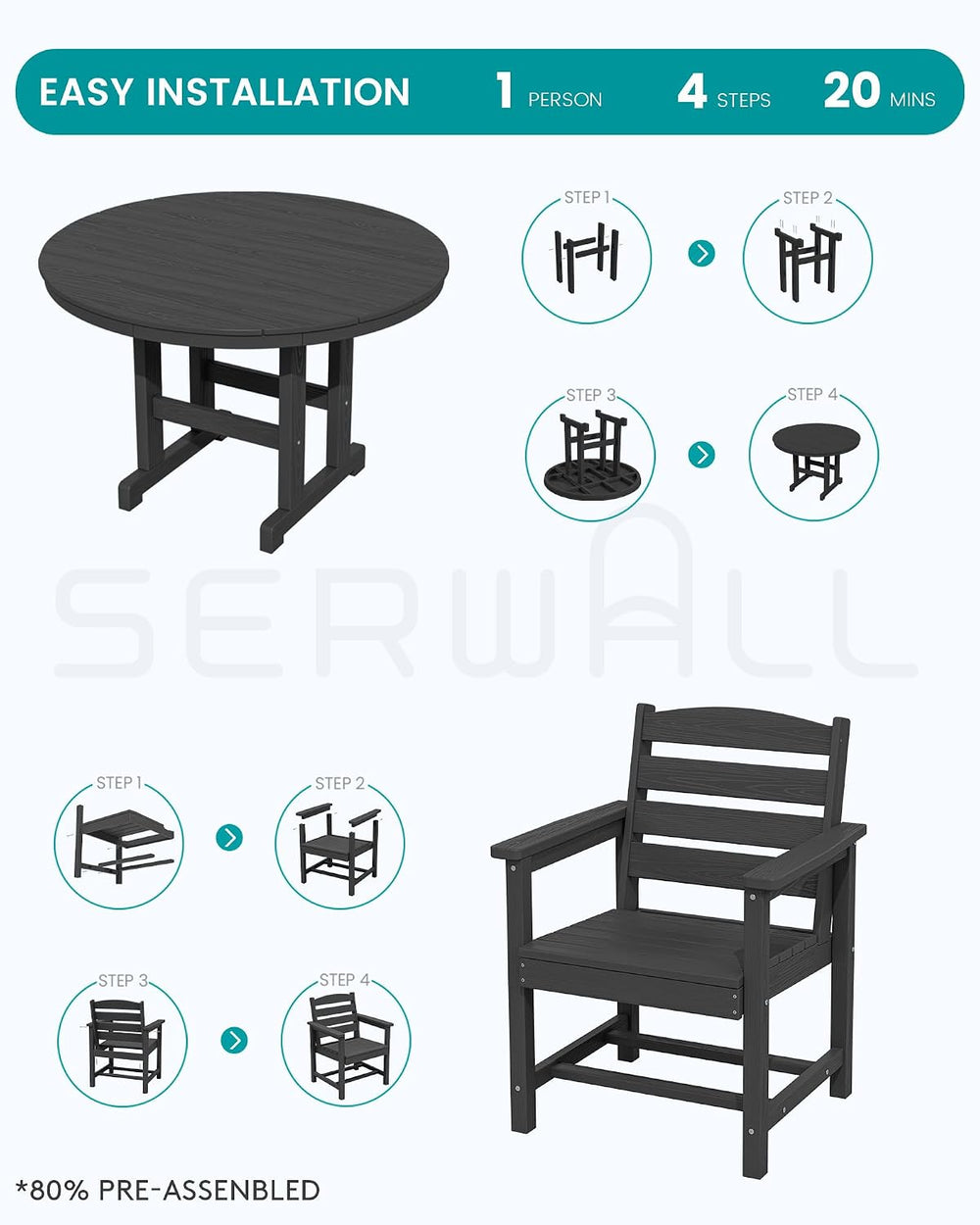 SERWALL 6-Pc Dining Set, 45" Table, 4 Chairs&9FT Umbrella, Black (No...