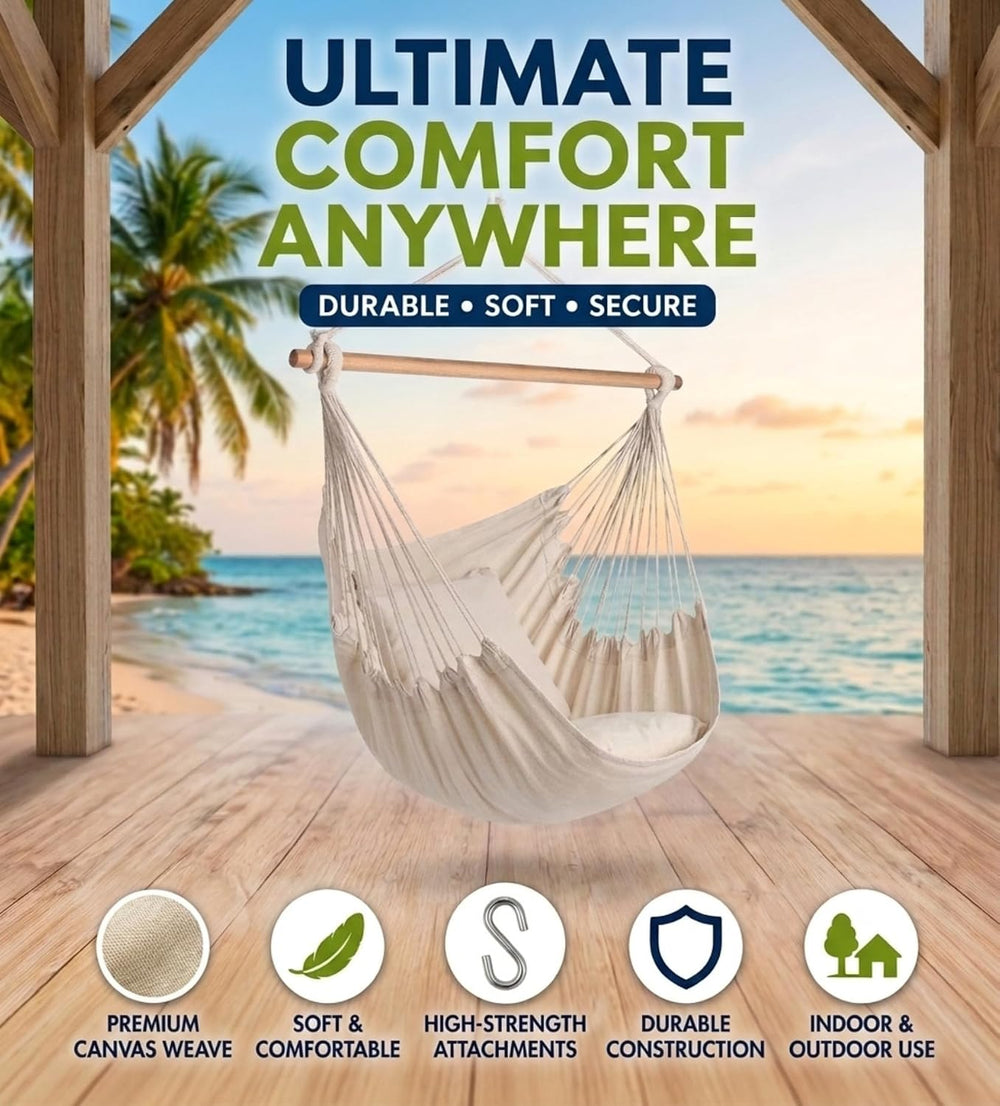 Large Brazilian Hammock Chair, Natural – 150 x 100 cm Cotton Blend Canvas Han...