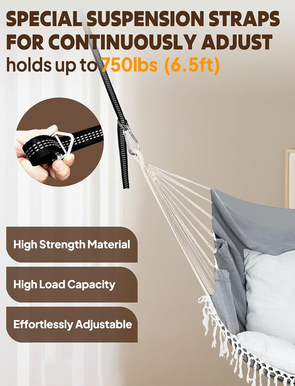 Chihee Hammock Chair with Strong Webbing Straps Hooks Suspension 2 Cushions