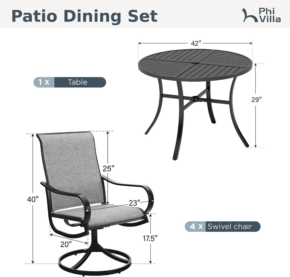 PHI VILLA Patio Dining Set for 4, Round Table & Swivel Mesh Chairs, Grey