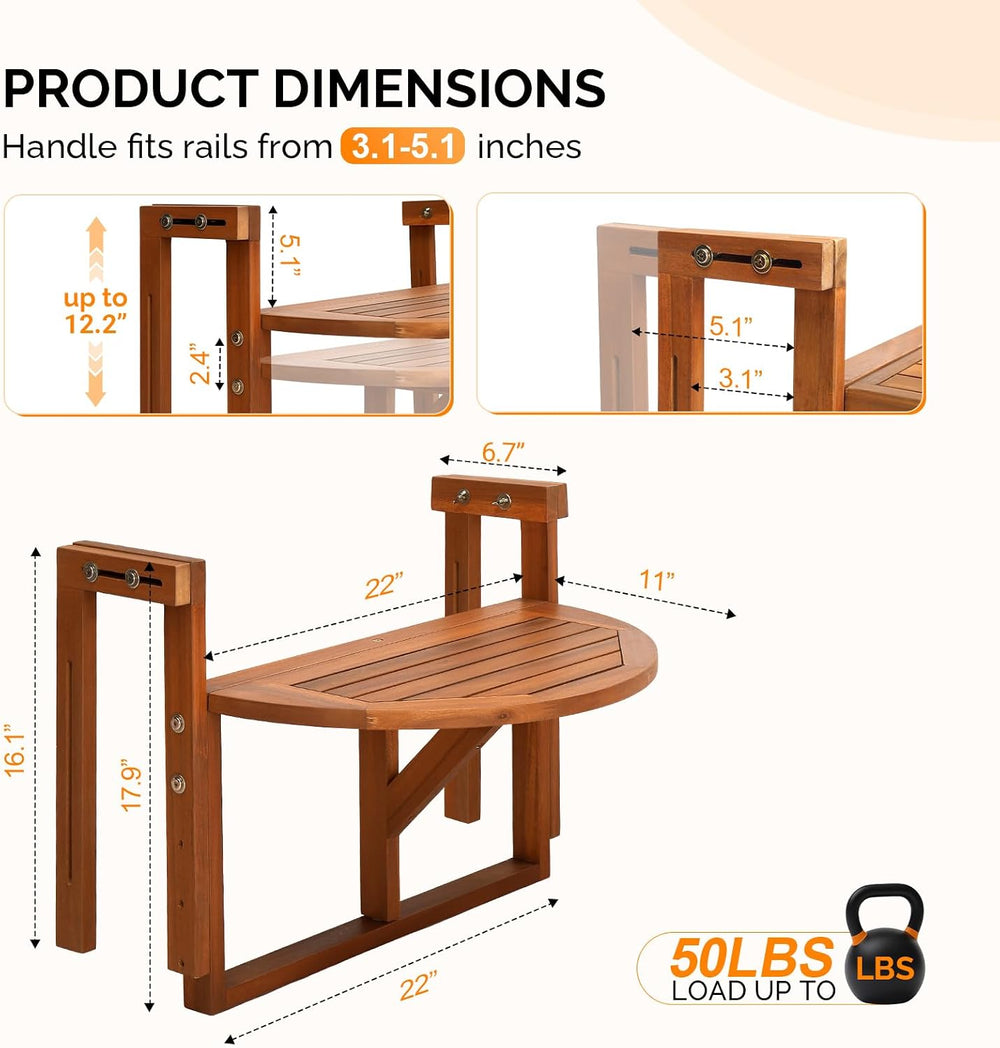 VINGLI 22in Acacia Wood Folding Balcony Hanging Table – Adjustable Height &am...