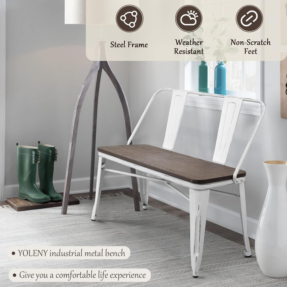 YOLENY Dining Bench, Farmhouse Metal Entryway Chair with Back, Industrial Mid...