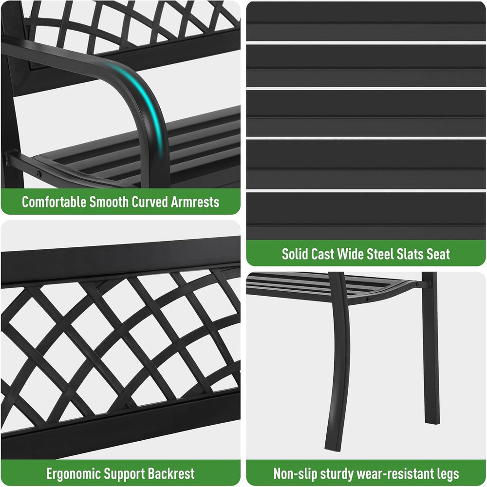 Outdoor Garden Bench, Iron Steel Frame Patio Bench with Mesh Pattern and Plas...