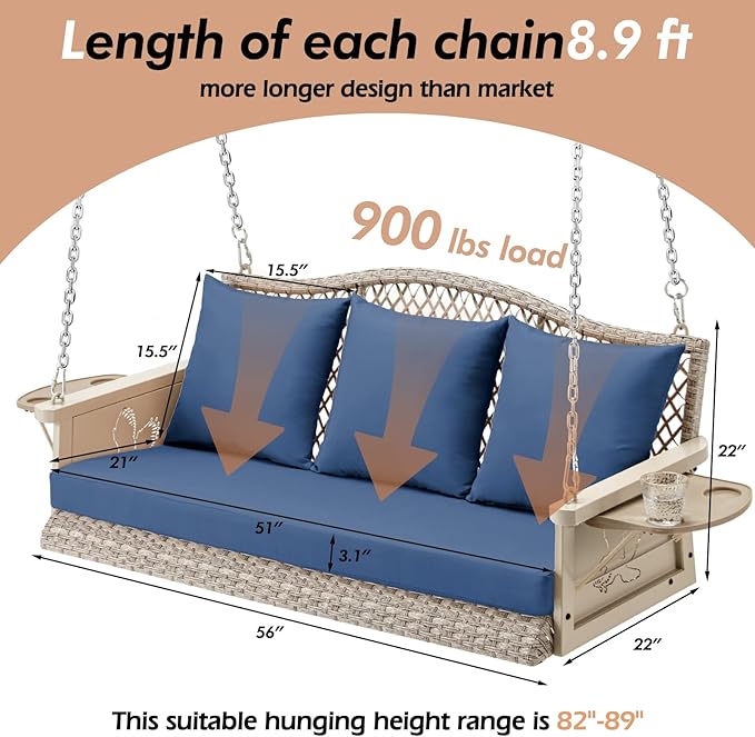 Upgraded Wicker Hanging Porch Swing Heavy Duty 900 LBS 3-Seat Outdoor Patio S...