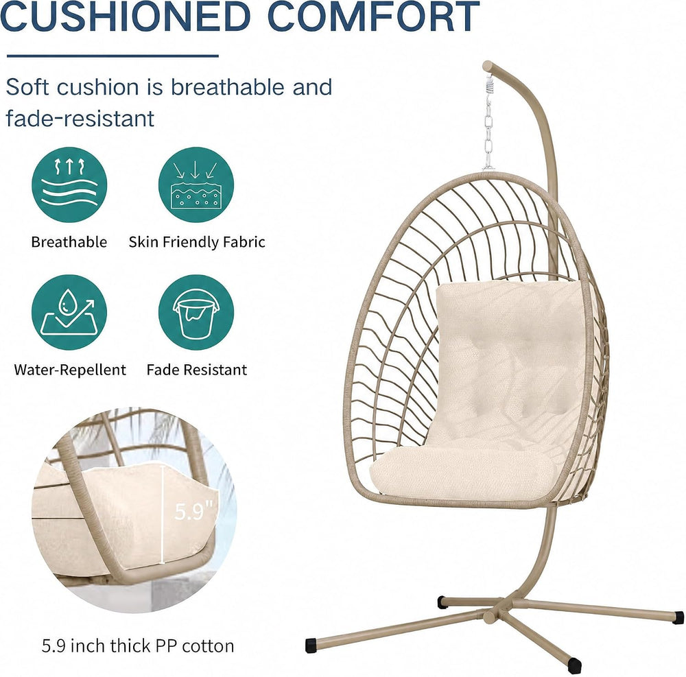 Kingdura Hanging Egg Chair with Stand Indoor Outdoor, Foldable Rattan Wicker ...
