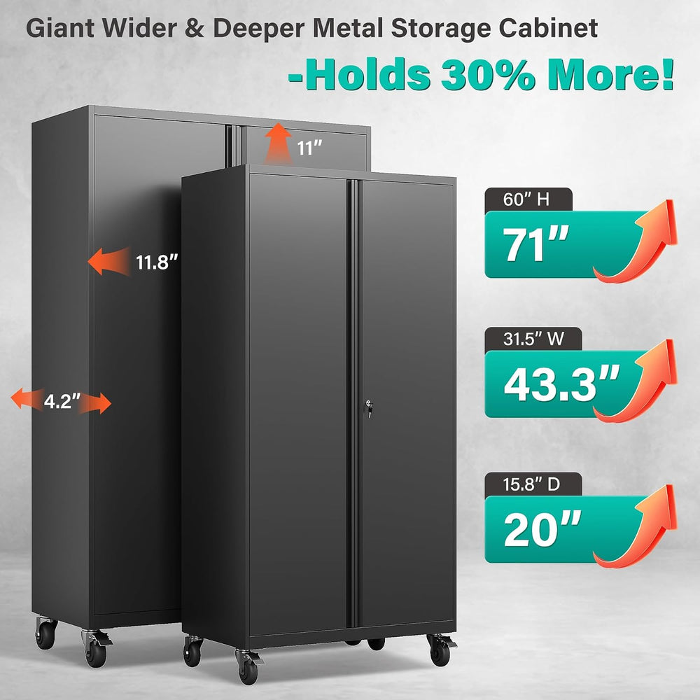 Wide & Deep Metal Storage Cabinet with Wheels,Tall Rolling Garage Storage...