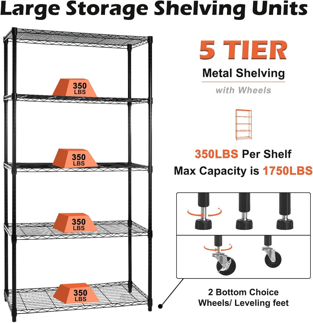 WDT 5 Tier Shelf Shelving Unit with Wheels,Adjustable Metal Shelves for Stora...