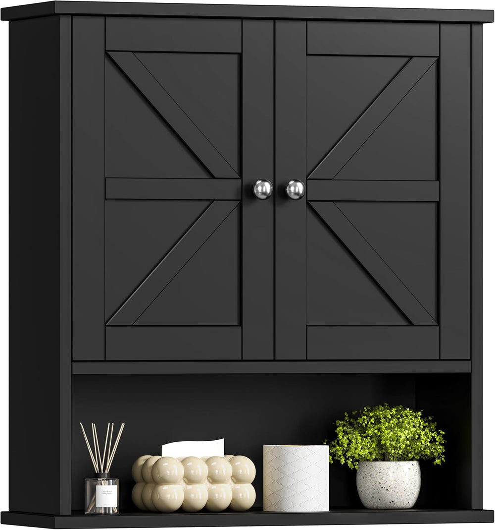 Black Bathroom Wall Cabinet with Adjustable Shelf & Barn Doors