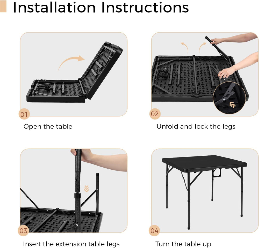 pollilar 34" Folding Card Table Square Portable with Detachable Legs Black