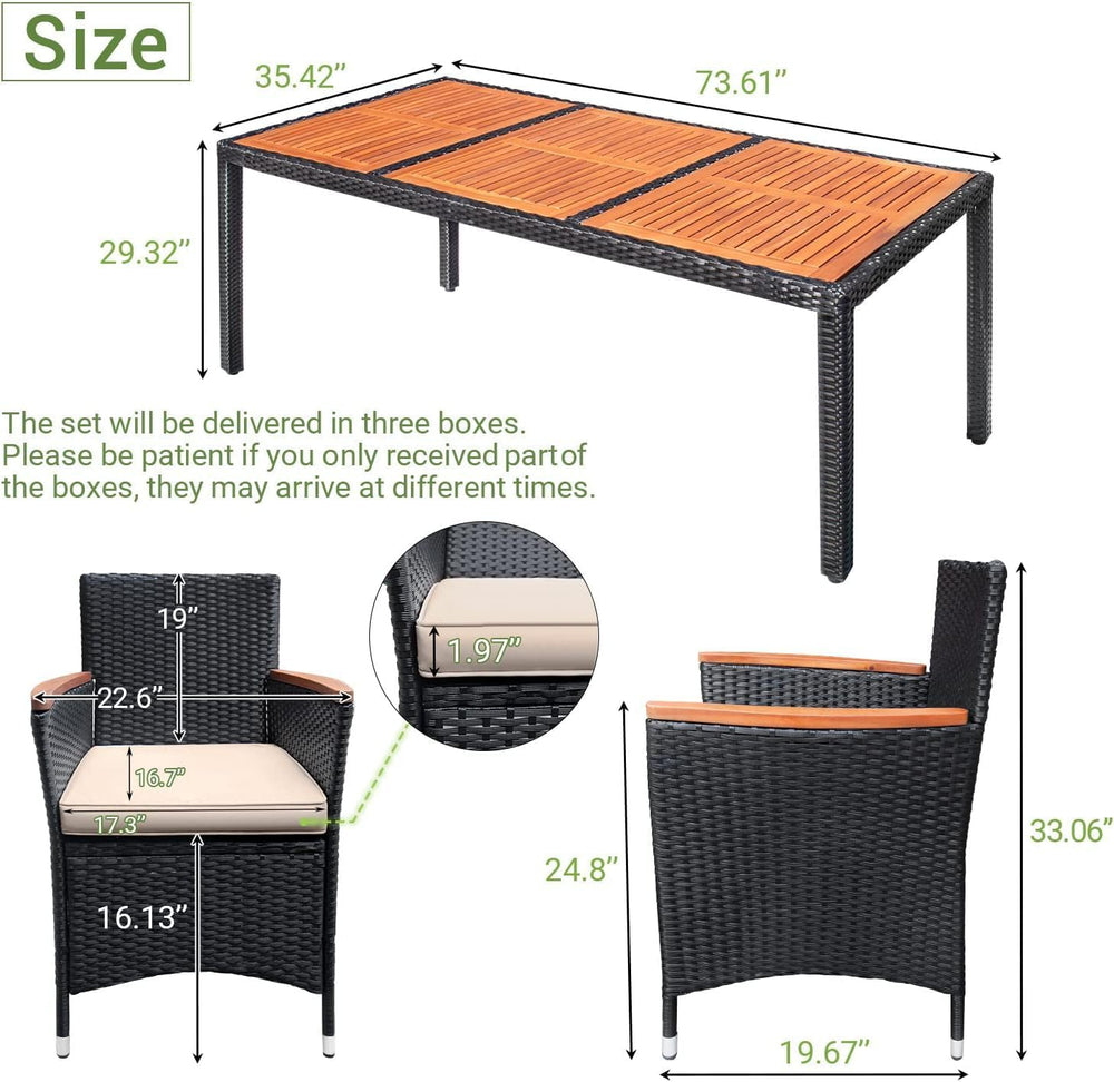 Devoko 9 PCS Acacia Wood Patio Dining Set, Black Rattan