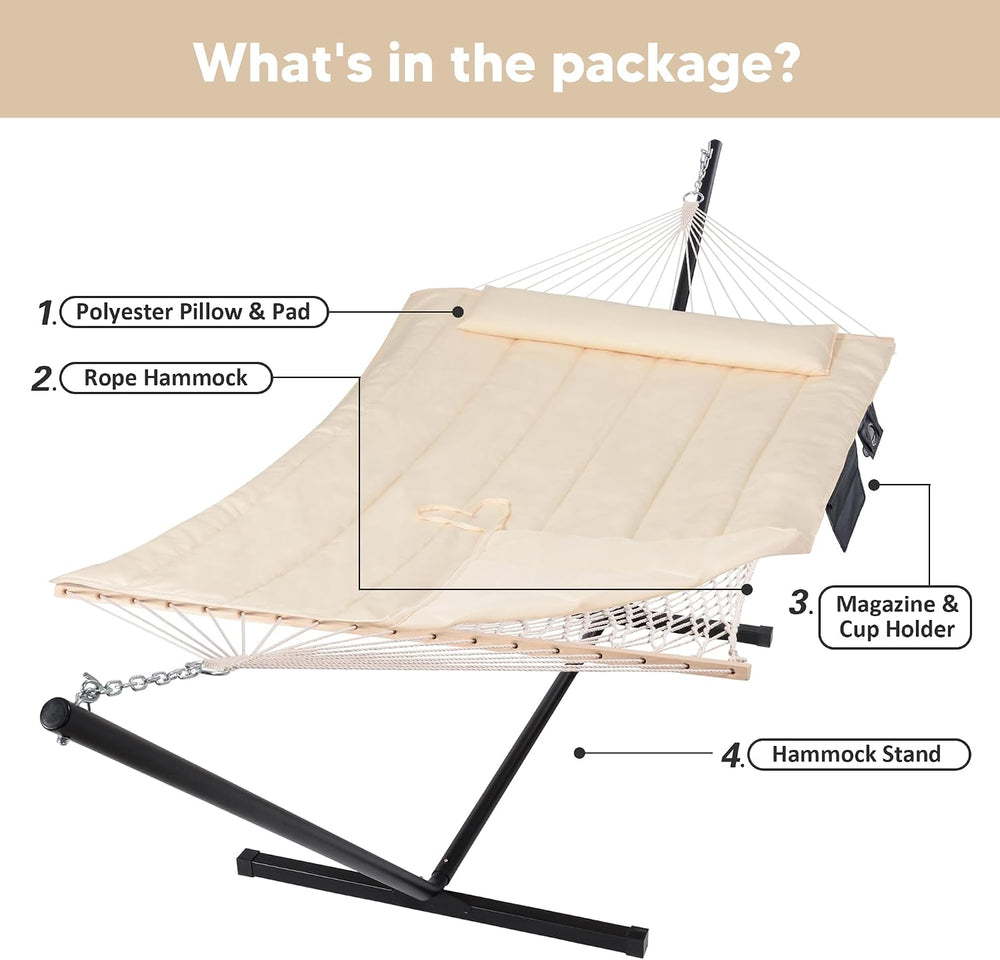 Two Person Hammock with 12ft Stand Included, Beige