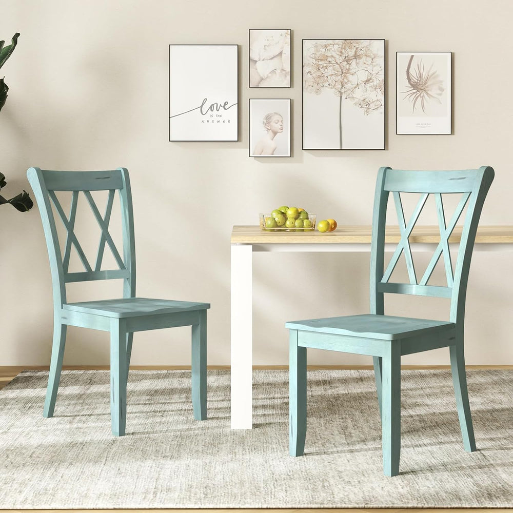 SIMOE Solid Rubberwood Dining Chairs, Set of 2, Green Farmhouse X-Back