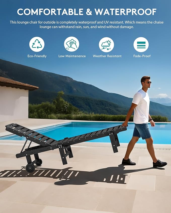 SERWALL Outdoor Chaise Lounge Set of 6, HDPE Pool Lounge Chair with 5-Positio...