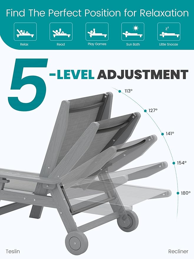 SERWALL Patio Chaise Lounge Chair, 5 Positions Outdoor Lounger for Pool, Text...