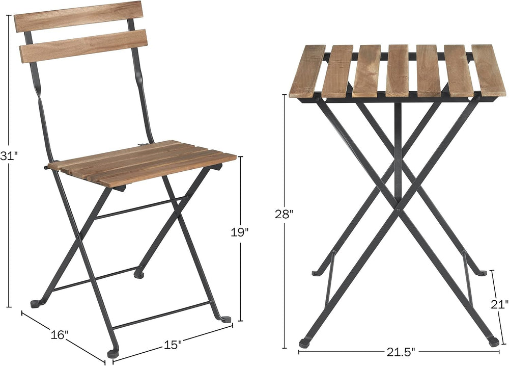 Folding Patio Bistro Set – 3-Piece Acacia Wood and Steel Café Table and Chair...
