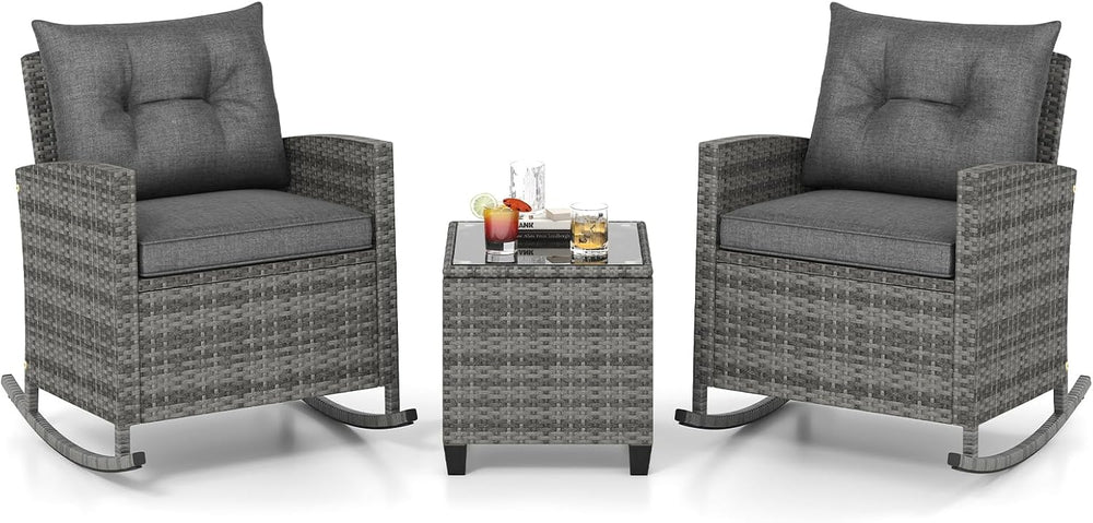 RELAX4LIFE 3-Piece Rocking Bistro Set - Rattan Wicker Rocking Chairs Set of 2...