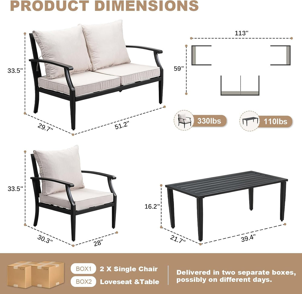 4-Piece Patio Furniture Set, Wider Outdoor Metal Seating Sofa with High Back ...