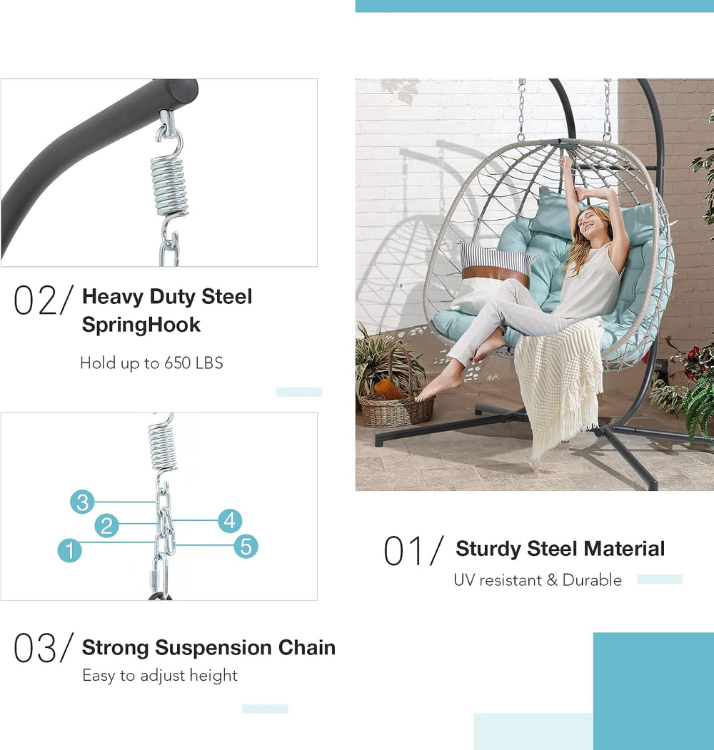 Patiorama 2 Person Double Egg Swing Chair with Stand, Wicker, Light Blue