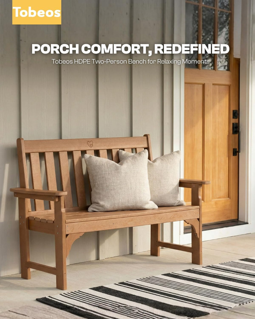 2-Person Outdoor Garden Bench, HDPE All-Weather Patio Bench with Backrest &am...